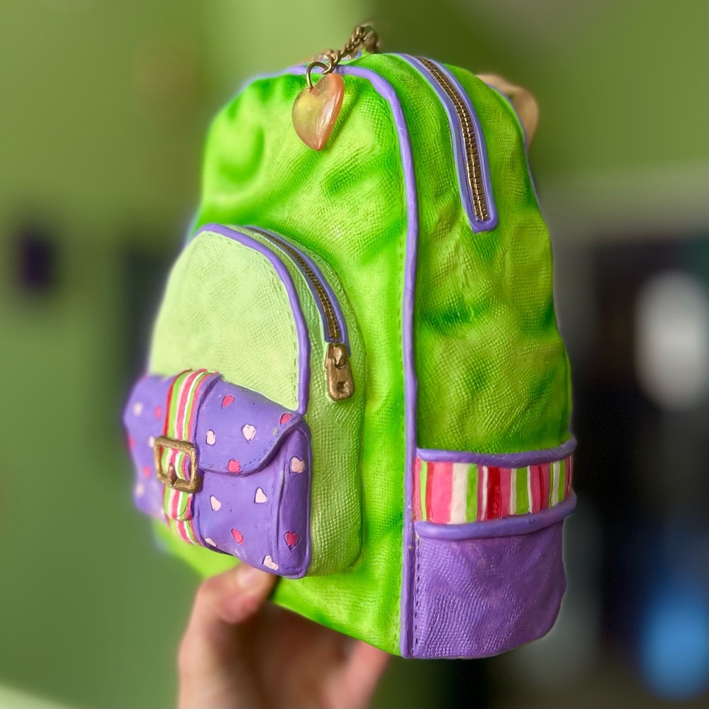 Handmade Vibrant Green & Purple Rustic 3D Textured Backpack Bag Piggy Bank - Picture 2 of 11